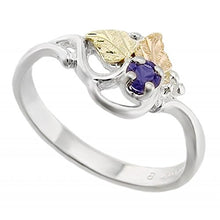 Load image into Gallery viewer, Created Soude Amethyst Round February Birthstone Ring, Sterling Silver, 12k Green and Rose Gold Black Hills Gold Motif, Size 8.5
