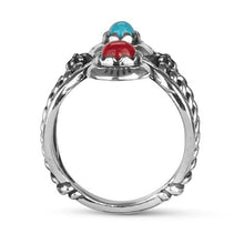 Load image into Gallery viewer, American West Sterling Silver Red Coral and Blue Turquoise Gemstone Twisted Rope &amp; Zigzag Motif Ring Size 07
