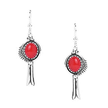 Load image into Gallery viewer, American West Sterling Silver Red Coral Gemstone Leaf and Squash Blossom Dangle Earrings
