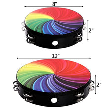 Load image into Gallery viewer, Coloch 2 Pack Wood Radiant Tambourine with Double Row Jingles, Hand Held Drum Reflective Tambourine Percussion Musical Instrument for Kid&amp; Adult, Party, KTV, Church, Music Show, 8 and 10 Inch
