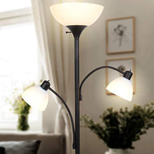 Load image into Gallery viewer, Brightech Sky Dome Double – High Brightness Torchiere Floor Lamp with 2 Reading Lights for Living Rooms, Bedrooms – Replace Halogen Standing Lamps with Efficient LED Office Lighting - Tall Black Pole
