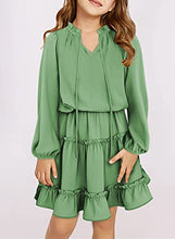 Load image into Gallery viewer, blibean Girl Fall Long Sleeve Dress Tween Kid Tiered Aline Dresses Maxi Boho Midi Dress Bohemian Solid Flowy Swing Clothes Size 4-5 Years Small Green
