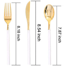 Load image into Gallery viewer, WDF 90Pieces Gold Plastic Silverware-Gold Plastic Cutlery with White Handle- Heavyweight Disposable Flatware Include 30Forks, 30 Spoons, 30 Knives

