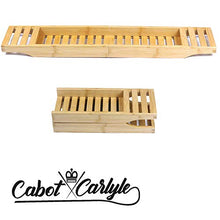 Load image into Gallery viewer, Luxury Bath Caddy Tray for Tub | Bath Table | Premium Bamboo Bathtub Tray for Tub | Fits All Bath Accessories Wine Glass, Books, Tablets, Cellphones, Shampoo | Bath Shelf Foldable
