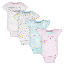 Load image into Gallery viewer, GERBER Baby Girls 4-Pack Short Sleeve Onesies Bodysuits, Pink Unicorns, 0-3 Months
