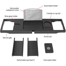 Load image into Gallery viewer, Bamboo Bathtub Caddy Tray Expandable for Luxury Bath,Bath Accessories &amp; Table with Wine Glass Holder,Book Stand Bathroom Organizer with Extending Sides for Men/Women,Free Soap Holder (Black)
