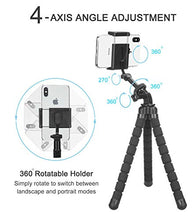 Load image into Gallery viewer, Phone Tripod, Flexible Tripod, Upgrade 4-Axis Angle Adjustment, Unique 360° Rotating Holder, Sturdy Octopus-Style Legs, and Wireless Remote Shutter for iPhone, Android Phone, DSLR Camera, and GoPro.
