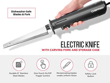 Load image into Gallery viewer, Chefman Electric Knife with Bonus Carving Fork &amp; Space Saving Storage Case Included One Touch, Durable 8 Inch Stainless Steel Blades, Rubberized Black Handle, BPA Free, 120 Volts and Watts
