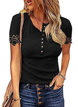 Load image into Gallery viewer, VICHYIE Womens Short Lace Sleeves Tunic Summer Tops V Neck Button Neck Casual Slim Fit Blouses Cute Shirts Black Medium
