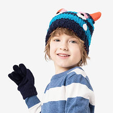 Load image into Gallery viewer, accsa Toddler Kids Boy Knit Winter Beanie Hat &amp; Glove Set Dino Monster Crocodile (Navy, 6-9 Years)
