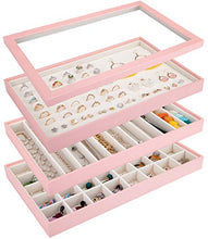 Load image into Gallery viewer, Mebbay Stackable Jewelry Trays Organizer with Lid, Jewelry Storage Display Trays for Drawer, Earring Necklace Bracelet Ring Organizer, Set of 3 (Pink)
