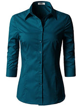 Load image into Gallery viewer, Doublju Womens Slim Fit Basic 3/4 Sleeve Simple Button Down Formal Casual Shirt Teal Small

