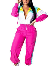Load image into Gallery viewer, Women Colorblock One Piece Outfits Set High Waist Pants Long Sleeve Zipper Front Windbreaker Jumpsuit Pink L
