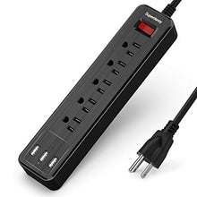 Load image into Gallery viewer, SUPERDANNY USB Surge Protector Power Strip Mountable Extension Cord Multiple Protection 5 Outlet 3 USB Port with Hook &amp; Loop Fastener for iPhone iPad PC Home Office Travel Black
