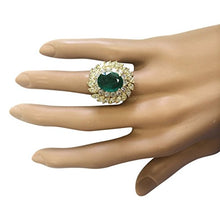 Load image into Gallery viewer, 8.57 Carat Natural Green Emerald and Diamond (F-G Color, VS1-VS2 Clarity) 14K Yellow Gold Luxury Cocktail Ring for Women Exclusively Handcrafted in USA
