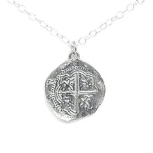 Load image into Gallery viewer, Bright Finished Pirate Pieces of Eight Coin Necklace - Shiny Pewter Replica of Spanish Coin - Handcrafted in USA
