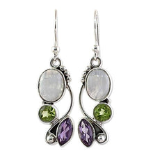 Load image into Gallery viewer, NOVICA Peridot Amethyst Rainbow Moonstone .925 Sterling Silver Dangle Earrings, Natural Glamour'
