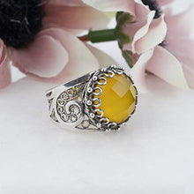 Load image into Gallery viewer, 925 Sterling Silver Yellow Chalcedony Round Filigree Paisley Ring (Size 6-10) (7)
