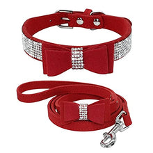 Load image into Gallery viewer, N C Bling Bowknot Suede Leather Rhinestone Dog Collarand Leash Set Pet Puppy Cat Chihuahua Collars for Small Medium Dogs Cats Pink Red X Small

