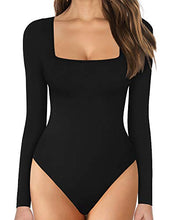 Load image into Gallery viewer, MANGOPOP Women's Square Neck Short Sleeve Long Sleeve Tops Bodysuit Jumpsuit (B Long Sleeve Black, Medium)
