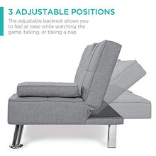 Load image into Gallery viewer, Best Choice Products Linen Upholstered Modern Convertible Folding Futon Sofa Bed for Compact Living Space, Apartment, Dorm, Bonus Room w/Removable Armrests, Metal Legs, 2 Cupholders - Gray
