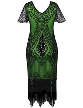 Load image into Gallery viewer, PrettyGuide Women's 1920s Dress Art Deco Sequin Fringed Flapper Dress L Black Green

