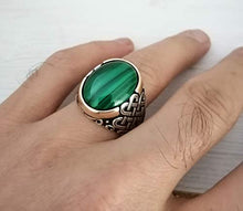 Load image into Gallery viewer, Handmade 925K Sterling Silver Mens Ring With Malachite Stone
