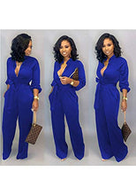 Load image into Gallery viewer, kaimimei Womens Elegant Long Sleeve Jumpsuit Button Collar High Waist Long Wide Leg Pants Romper with Belt Blue
