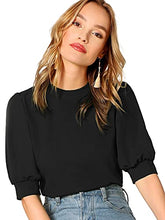 Load image into Gallery viewer, SheIn Women's Puff Sleeve Casual Solid Top Pullover Keyhole Back Blouse Orange Large
