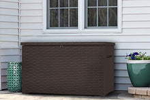 Load image into Gallery viewer, KETER Java XXL 230 Gallon Resin Rattan Look Large Outdoor Storage Deck Box for Patio Furniture Cushions, Pool Toys, and Garden Tools, Espresso Brown

