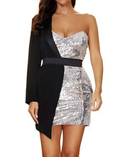 Load image into Gallery viewer, NeeMee Women's One Shoulder Long Sleeve Sequin Decorated Mini Casual Dress with Belt(Silver,XS)

