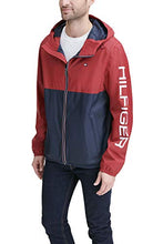 Load image into Gallery viewer, Tommy Hilfiger Men's Lightweight Active Water Resistant Hooded Rain Jacket, Red/Navy Colorblock, X-Large

