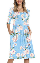 Load image into Gallery viewer, CATHY Women's 3/4 Sleeve 2022 Casual High Waist Round Neck Midi Dress with Pockets, XL, Fl Light Blue
