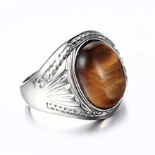Load image into Gallery viewer, PMTIER Men's Stainless Steel Oval Tiger Eyes Gemstone Ring Silver Size 12
