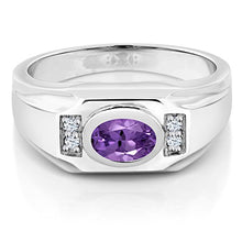 Load image into Gallery viewer, Gem Stone King Sterling Silver Oval Purple Amethyst &amp; White Created Sapphire Men's Ring 1.26 cttw (Size 7)

