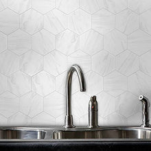 Load image into Gallery viewer, AULIGET 72 Piece Hexagon Tile Peel and Stick Backsplash, White Marble Look Kitchen Backsplash Peel and Stick PVC Tiles (Polished)
