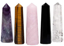 Load image into Gallery viewer, Premium Set of Five Large 3" Crystal Wands - Clear Quartz, Amethyst, Rose Quartz, TIgers Eye, Black Obsidian Crystals and Healing Stones - Fully Charged - Ready for Use/Display in Home or Office Decor
