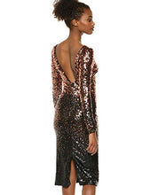 Load image into Gallery viewer, Dress the Population Women's Emery Long Sleeve Stretch Sequin Midi Sheath, Copper/Black, L
