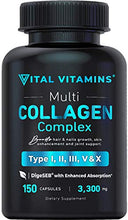 Load image into Gallery viewer, Multi Collagen Pills (Types I,II,III,V,X) 150 Capsules 3300 mg Grass Fed Collagen Peptides Enhanced Absorption for Anti-Aging, Hair Growth &amp; Nails, Healthy Joints &amp; Skin, Hydrolyzed Protein Supplement
