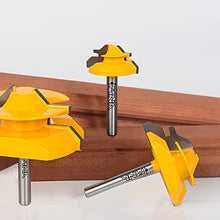 Load image into Gallery viewer, MNA 45 Degree Lock Miter Router Bit 3-Piece Set, for 1/2”, 5/8”, 3/4” Cutting Height, 1/4 Inch Shank. Easy to Create Lock Miter Joint
