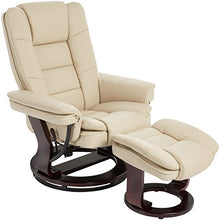 Load image into Gallery viewer, JC Home Argus Ultra-Plush Bonded Leather Swiveling Recliner with Mahogany Wood Base and Matching Ottoman - Vanilla
