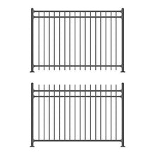Load image into Gallery viewer, XCEL - Black Steel Anti-Rust Fence Panel - Flat End Picket - 6.5ft W x 5ft H - Easy Installation Kit, Outdoor Residential Fencing for Yard, Garden, Concrete, 3-Rail Metal Fence, Include a Fence Post
