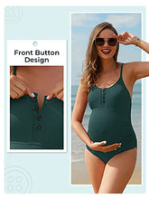 Load image into Gallery viewer, Summer Mae Maternity Swimsuit One Piece Bathing Suit Button Neck Cross Back Green S

