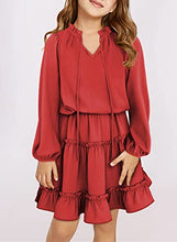 Load image into Gallery viewer, blibean Girl Fall Long Sleeve Dress Tween Kid Tiered Aline Dresses Maxi Boho Midi Dress Bohemian Solid Flowy Swing Clothes Size 12-14 Years XX-Large Red
