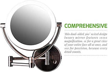 Load image into Gallery viewer, Ovente 7.5" Lighted Wall Mount Makeup Mirror, 1X &amp; 10X Magnifier, Spinning Double Sided Round LED w/ Dimmer Switch, Extend, Retractable &amp; Folding Arm, Battery USB Powered Antique Brass MLW75AB1X10X
