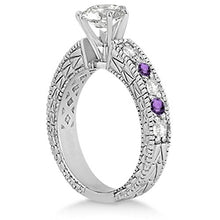 Load image into Gallery viewer, Antique Band Bridal Set Diamond and Amethyst Engagement Ring and Band 18k White Gold (1.80ct
