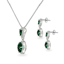 Load image into Gallery viewer, Sterling Silver Simulated Emerald &amp; White Topaz Dangle Earrings &amp; Necklace Set
