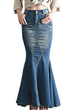 Load image into Gallery viewer, LISUEYNE Women's Casual Stretch Waist Washed Denim Ruffle Fishtail Skirts Long Jean Skirt

