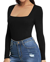 Load image into Gallery viewer, MANGOPOP Women's Square Neck Short Sleeve Long Sleeve Tops Bodysuit Jumpsuit (B Long Sleeve Black, Medium)
