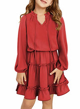 Load image into Gallery viewer, blibean Girl Fall Long Sleeve Dress Tween Kid Tiered Aline Dresses Maxi Boho Midi Dress Bohemian Solid Flowy Swing Clothes Size 12-14 Years XX-Large Red
